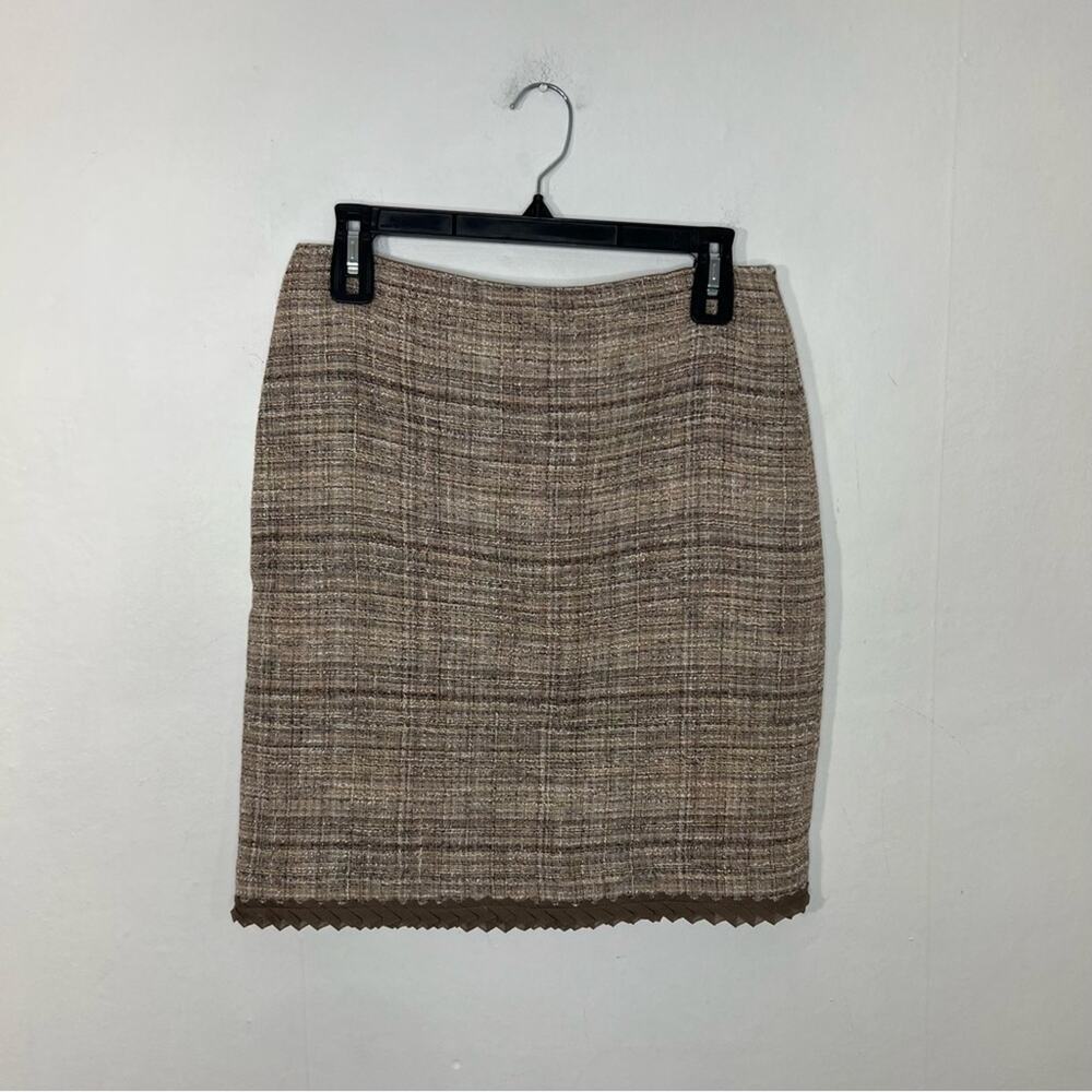 Worth Tan Tweed Linen Blend Ribbon Accent Trim Pencil Skirt Size 4